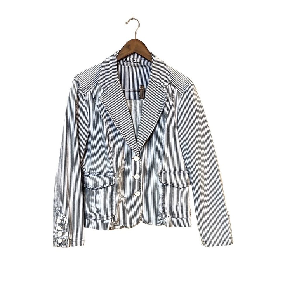 Robert Talbott Blue & White Striped Blazer Jacket L Cotton Blend Womens Tailored
